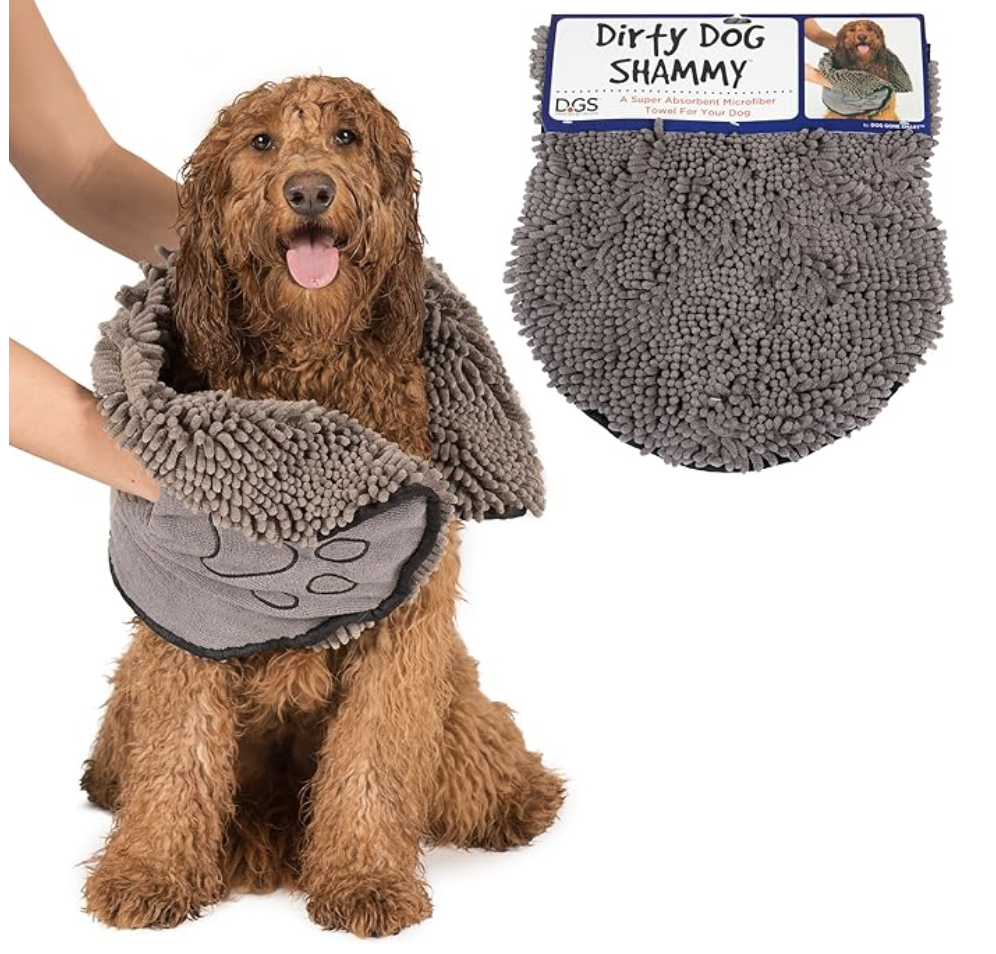 dog with long red hair getting dried off with a special towel